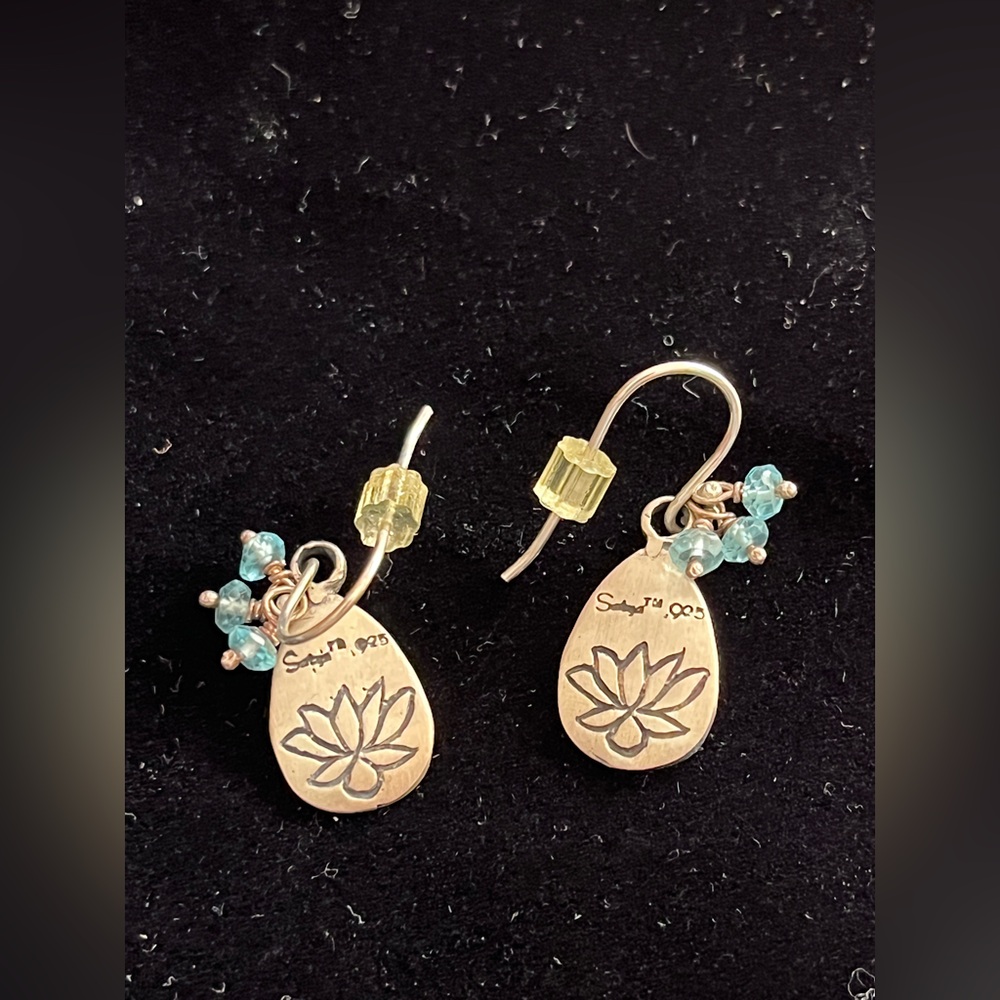 Vintage Satya 925 Sterling and Apatite Lotus Tear Drop Earrings